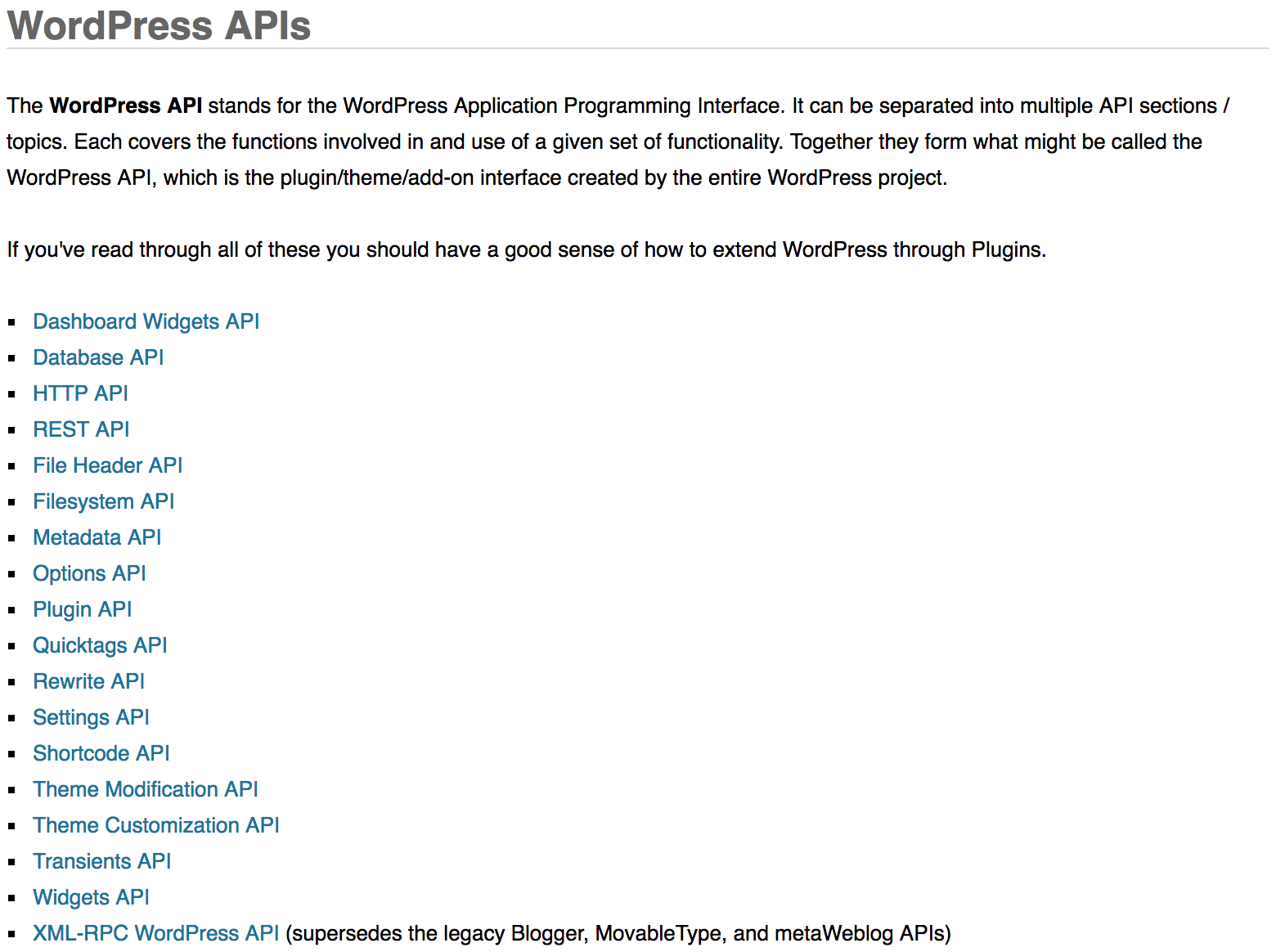 Screenshot listing WordPress APIs