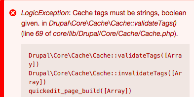 Screenshot of the exception that is thrown with a stack trace when using an invalid cache tag.